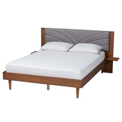 Baxton Studio Hemera Mid-Century Modern Grey Fabric and Walnut Brown Wood King Size Platform Bed With Floating Side Table